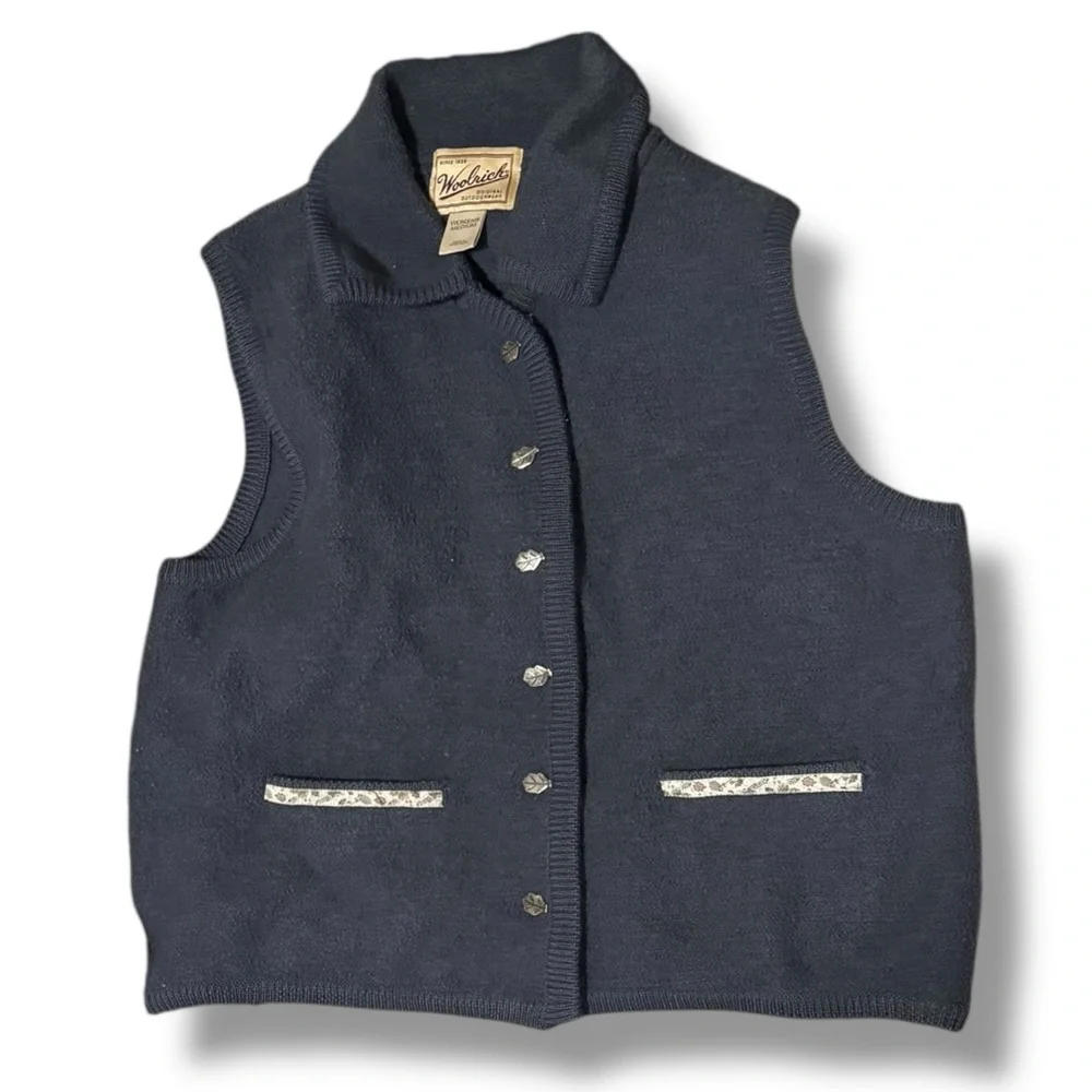 VTG Woolrich Gray Pure New Wool Sweater Vest Transitional Fall Leaves Autumn - M - Picture 3 of 14